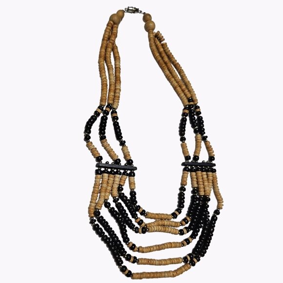 Tribal Beaded Statement Necklace Multi Strand Wooden Black Beads Boho Jewelry - Picture 1 of 4